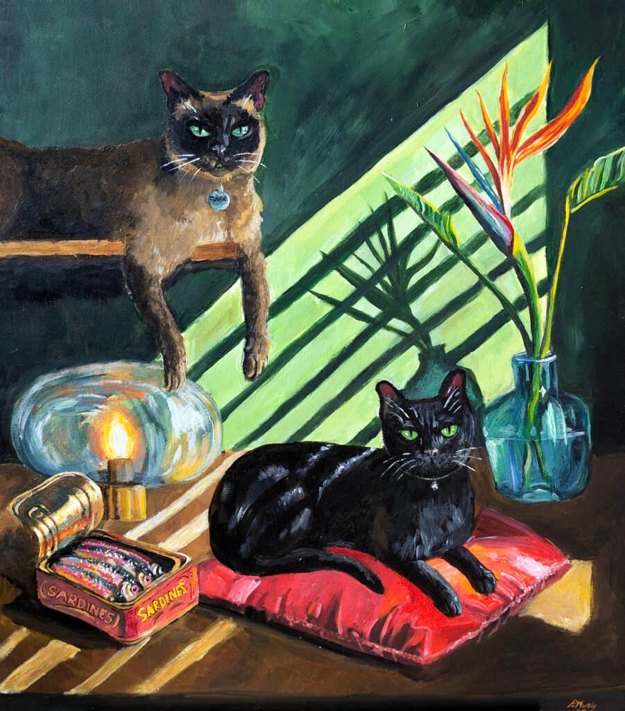 a painting of a siamese cat and a black cat, with a tin of sardines, lamp and vase containing a bird of paradise flower. the walls are green and light streams in through blinds creating harsh shadows