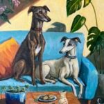 a painting of one brown and one white greyhound dog sitting on a blue sofa with an orange cushion. in front is a table with a plate of cookies and a string of hearts plant in a blue planter. in the background is a spotted begonia and a monstera plant.